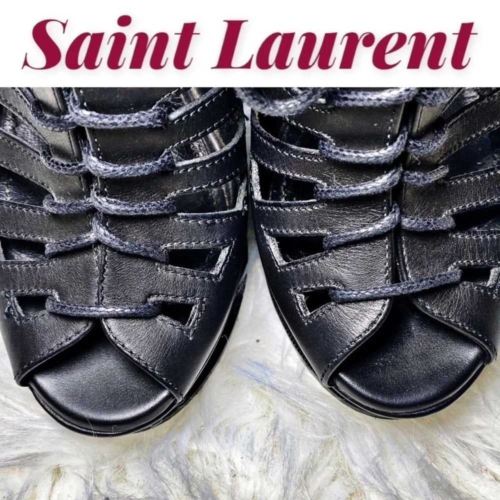 ❤️‍🔥❤️‍🔥❤️‍🔥 YSL Hortense Caged Lace Up Leather Wedge Booties, Size 6